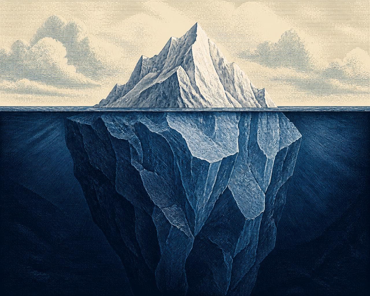 Engraved illustration of an iceberg. A small portion is visible above the waterline while a much larger mass stays submerged below it.